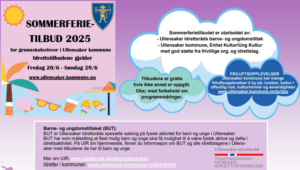 Sommerferietilbud for grunnskoleelever i Ullensaker kommune i perioden fredag 20. juni til søndag 29. juni.